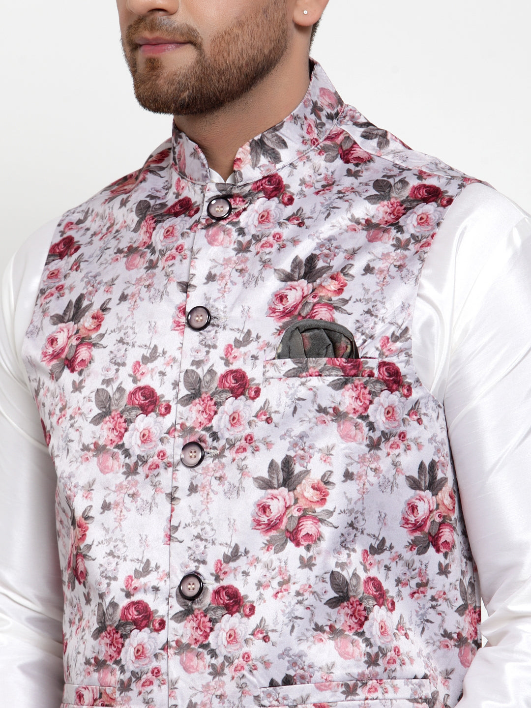 Jompers Men's Solid Dupion Kurta Pajama with Printed Nehru Jacket (Silver) | Grocsy