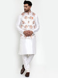 Jompers Men's Solid Dupion Kurta Pajama with Printed Nehru Jacket (White) | Grocsy
