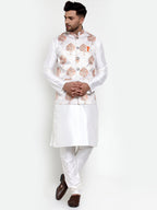 Jompers Men's Solid Dupion Kurta Pajama with Printed Nehru Jacket (White) | Grocsy