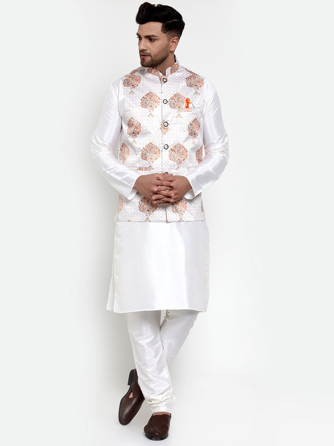 Jompers Men's Solid Dupion Kurta Pajama with Printed Nehru Jacket (White) | Grocsy