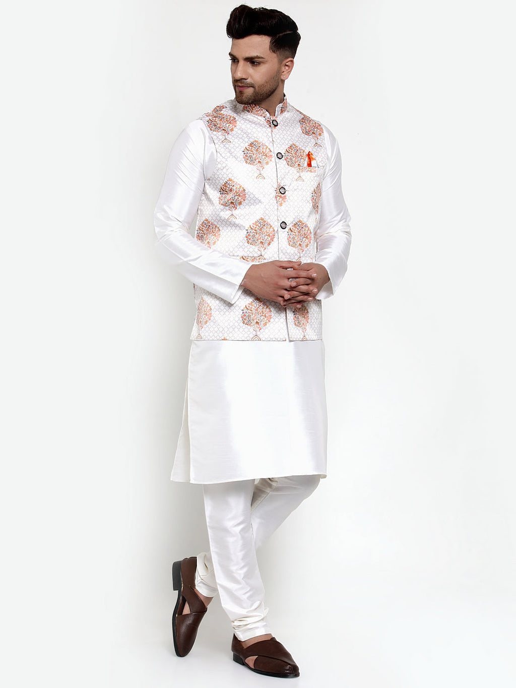 Jompers Men's Solid Dupion Kurta Pajama with Printed Nehru Jacket (White) | Grocsy