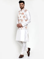Jompers Men's Solid Dupion Kurta Pajama with Printed Nehru Jacket (White) | Grocsy
