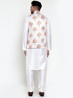 Jompers Men's Solid Dupion Kurta Pajama with Printed Nehru Jacket (White) | Grocsy