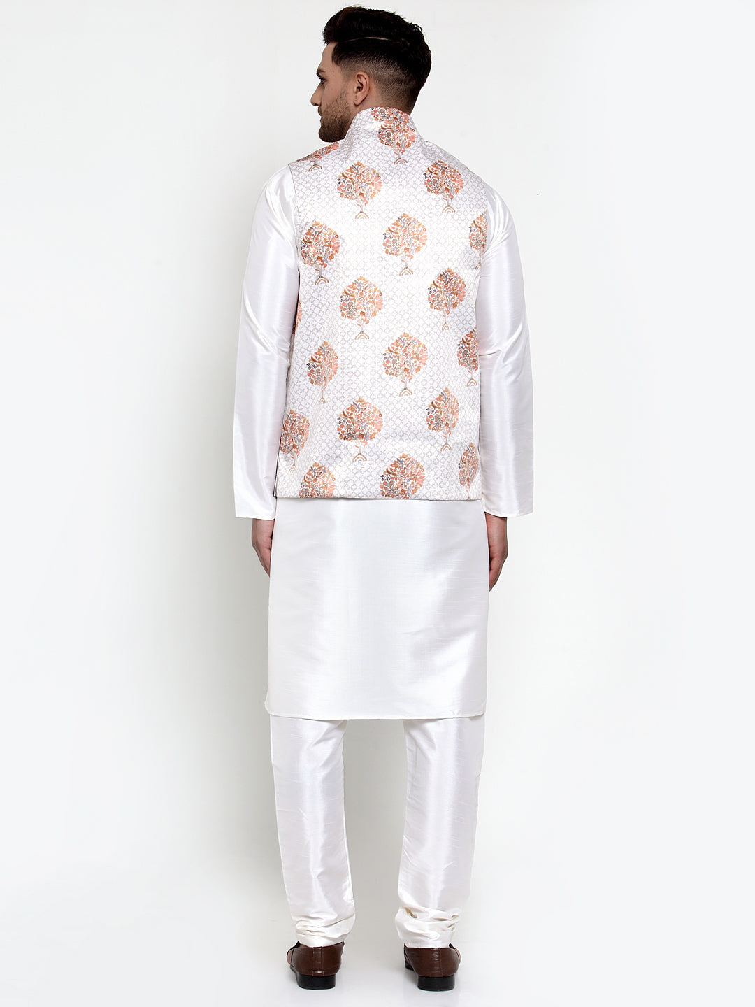 Jompers Men's Solid Dupion Kurta Pajama with Printed Nehru Jacket (White) | Grocsy
