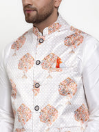 Jompers Men's Solid Dupion Kurta Pajama with Printed Nehru Jacket (White) | Grocsy