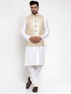 Jompers Men Solid Dupion Kurta Pajama with Embroidered Nehru Jacket (Cream) | Grocsy