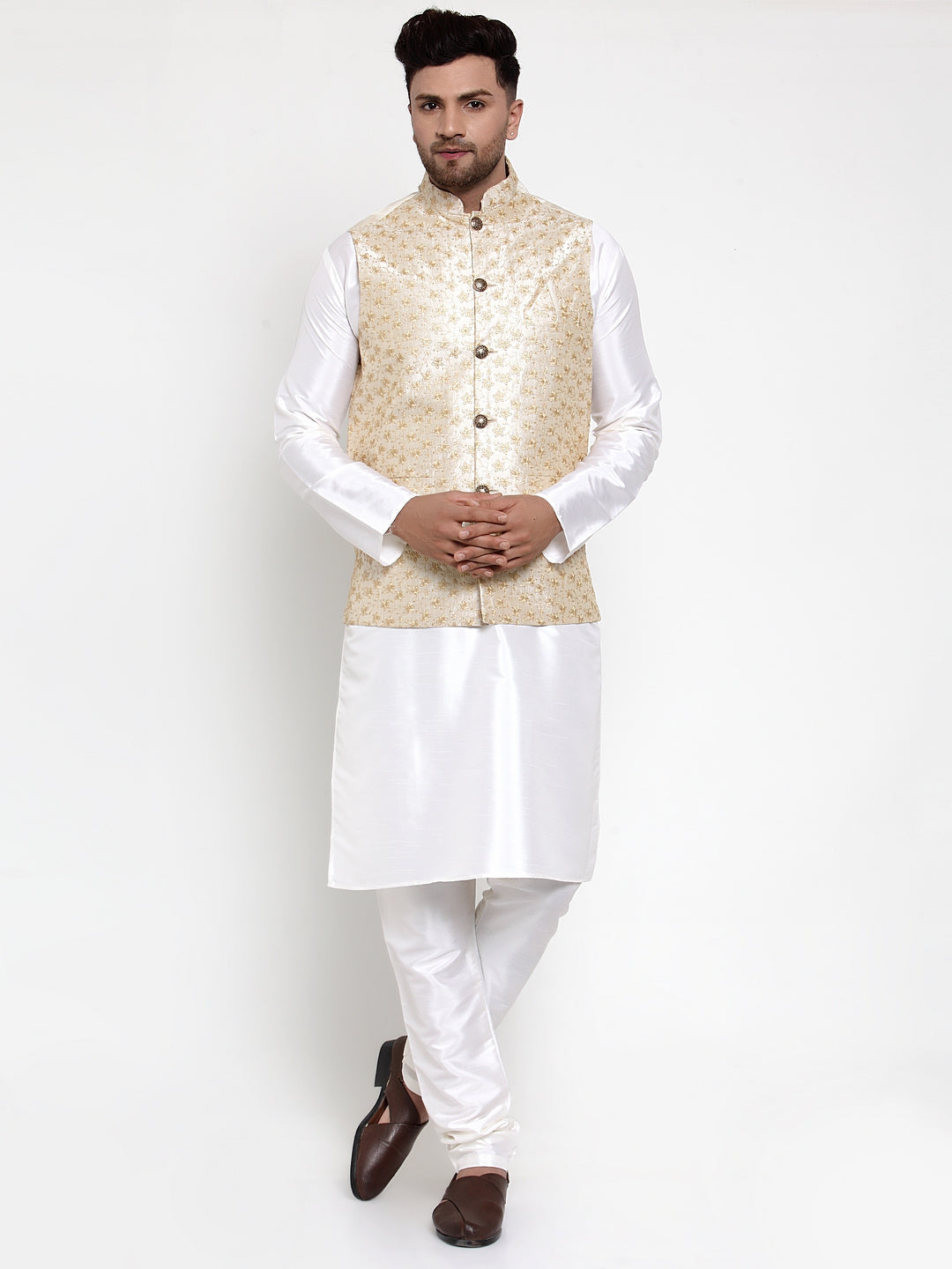 Jompers Men Solid Dupion Kurta Pajama with Embroidered Nehru Jacket (Cream) | Grocsy
