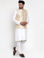Jompers Men Solid Dupion Kurta Pajama with Embroidered Nehru Jacket (Cream) | Grocsy