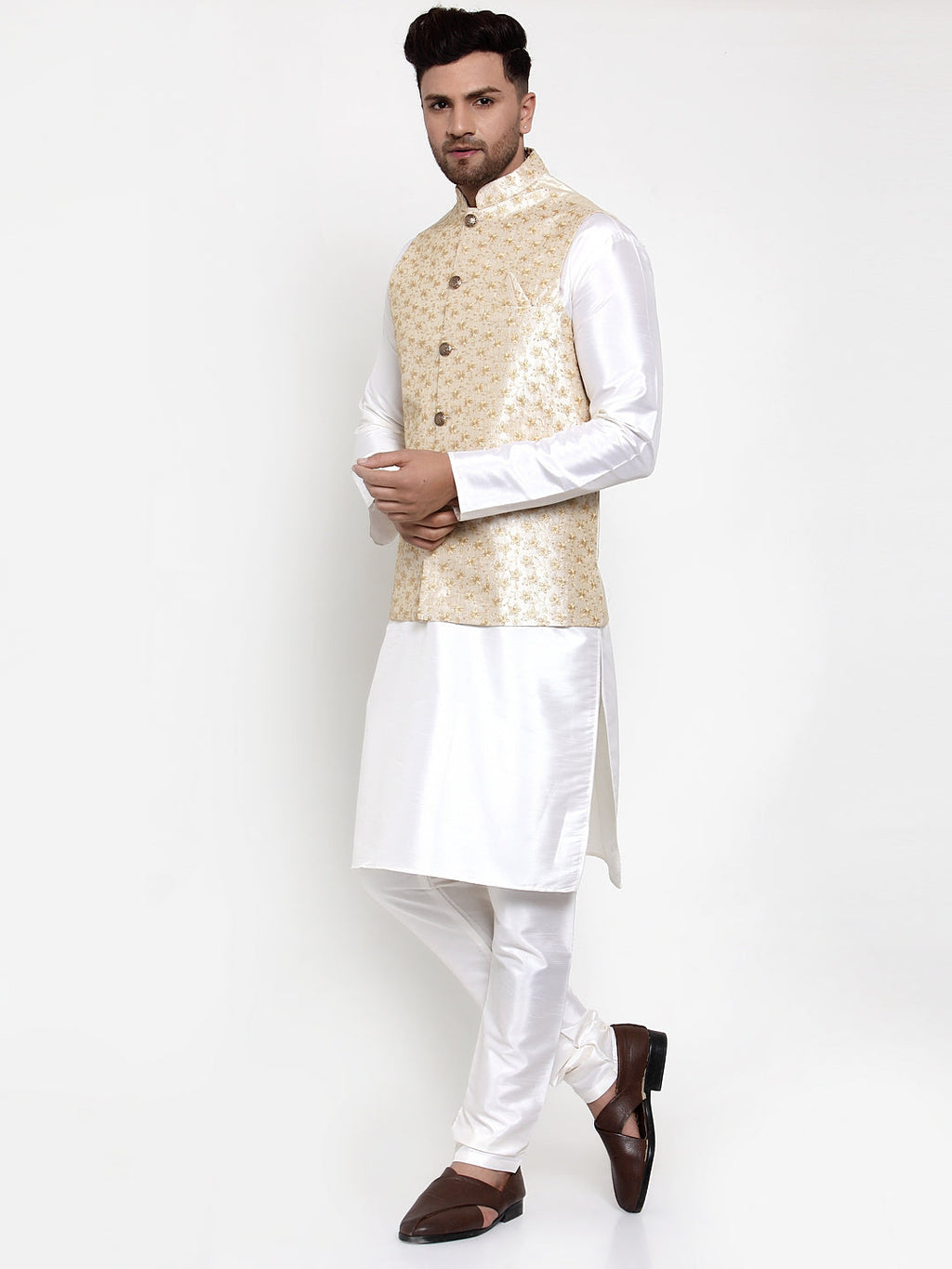 Jompers Men Solid Dupion Kurta Pajama with Embroidered Nehru Jacket (Cream) | Grocsy