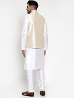 Jompers Men Solid Dupion Kurta Pajama with Embroidered Nehru Jacket (Cream) | Grocsy