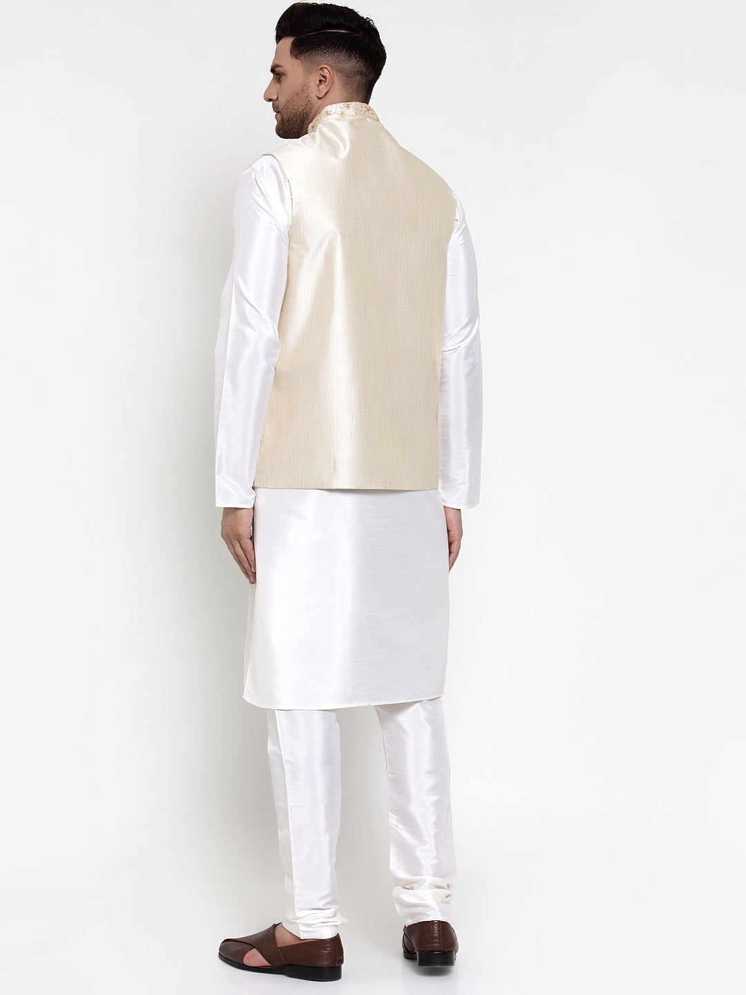 Jompers Men Solid Dupion Kurta Pajama with Embroidered Nehru Jacket (Cream) | Grocsy