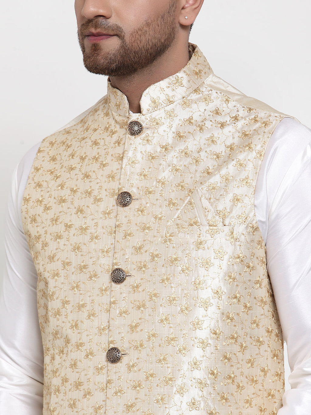 Jompers Men Solid Dupion Kurta Pajama with Embroidered Nehru Jacket (Cream) | Grocsy
