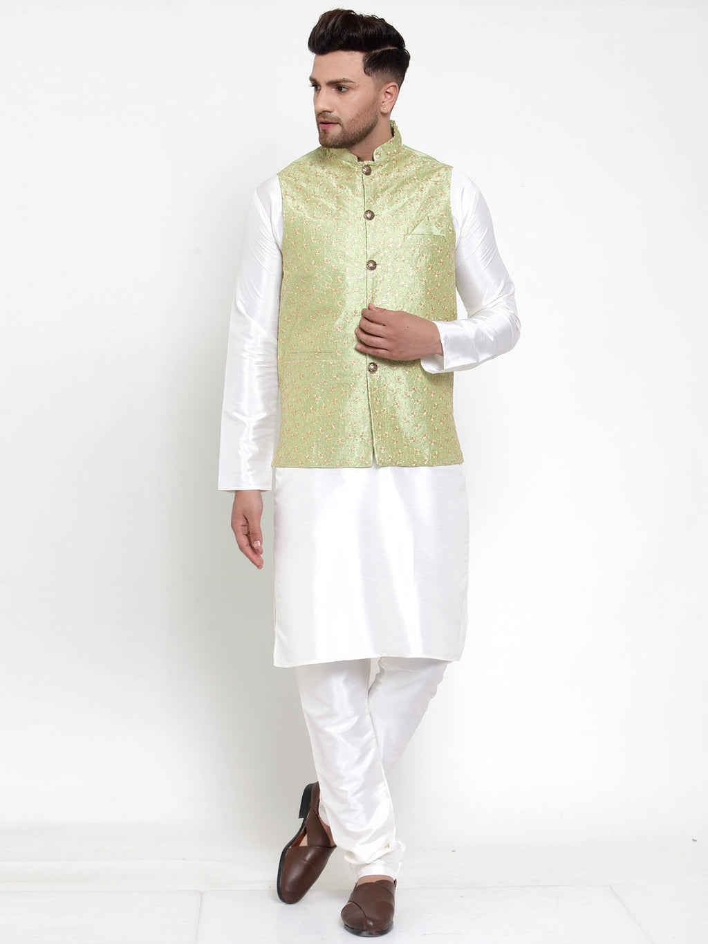 Jompers Men Solid Dupion Kurta Pajama with Embroidered Nehru Jacket (Green) | Grocsy