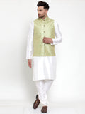 Jompers Men Solid Dupion Kurta Pajama with Embroidered Nehru Jacket (Green) | Grocsy