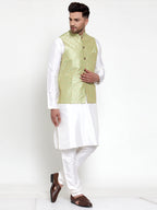 Jompers Men Solid Dupion Kurta Pajama with Embroidered Nehru Jacket (Green) | Grocsy
