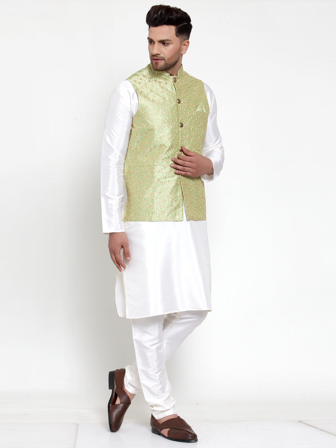 Jompers Men Solid Dupion Kurta Pajama with Embroidered Nehru Jacket (Green) | Grocsy