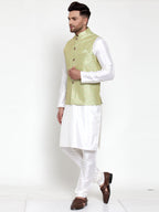 Jompers Men Solid Dupion Kurta Pajama with Embroidered Nehru Jacket (Green) | Grocsy
