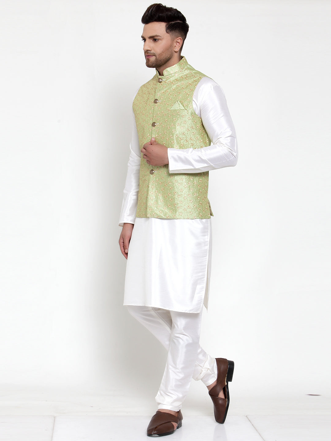 Jompers Men Solid Dupion Kurta Pajama with Embroidered Nehru Jacket (Green) | Grocsy