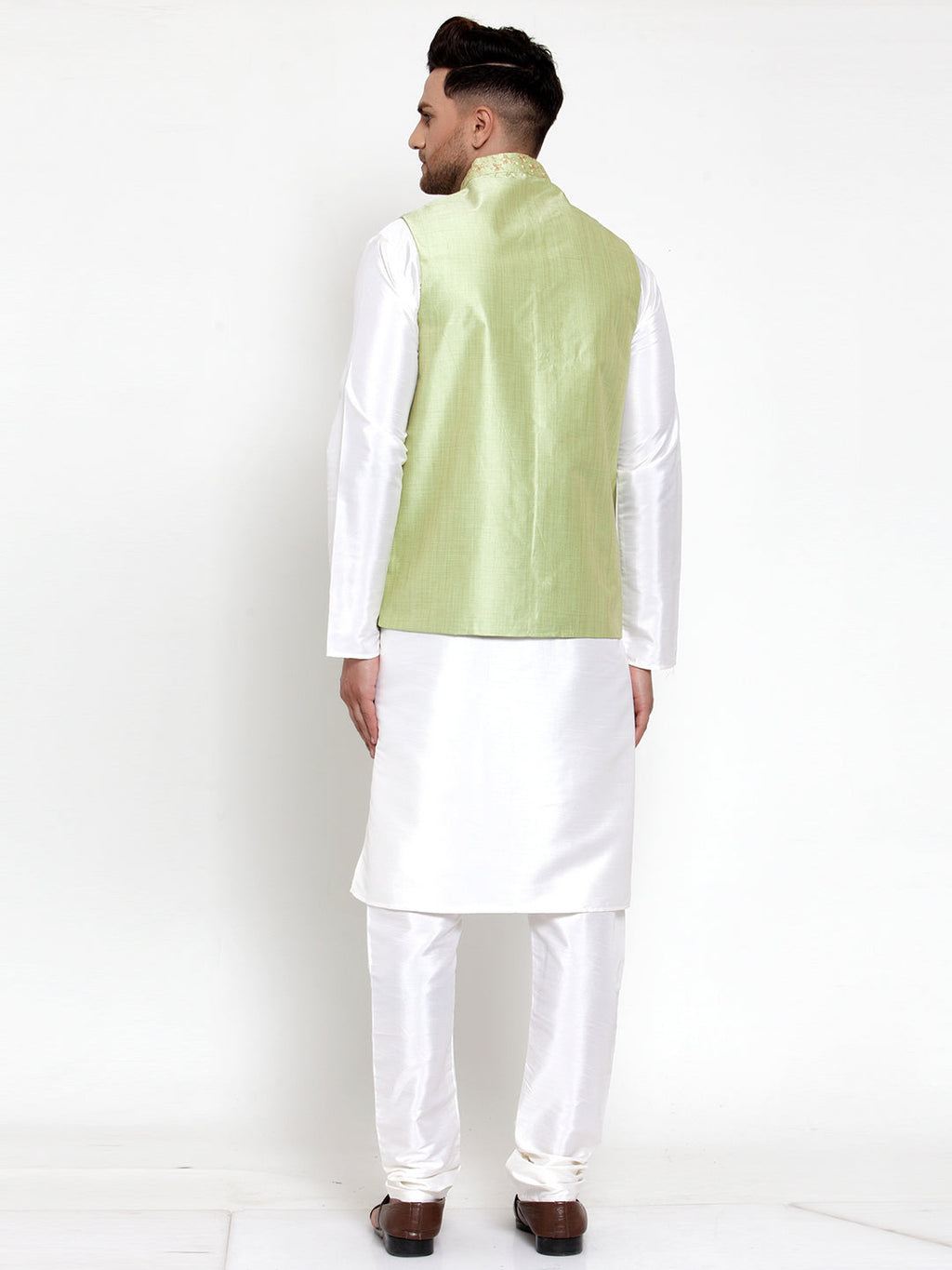 Jompers Men Solid Dupion Kurta Pajama with Embroidered Nehru Jacket (Green) | Grocsy