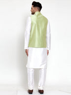 Jompers Men Solid Dupion Kurta Pajama with Embroidered Nehru Jacket (Green) | Grocsy