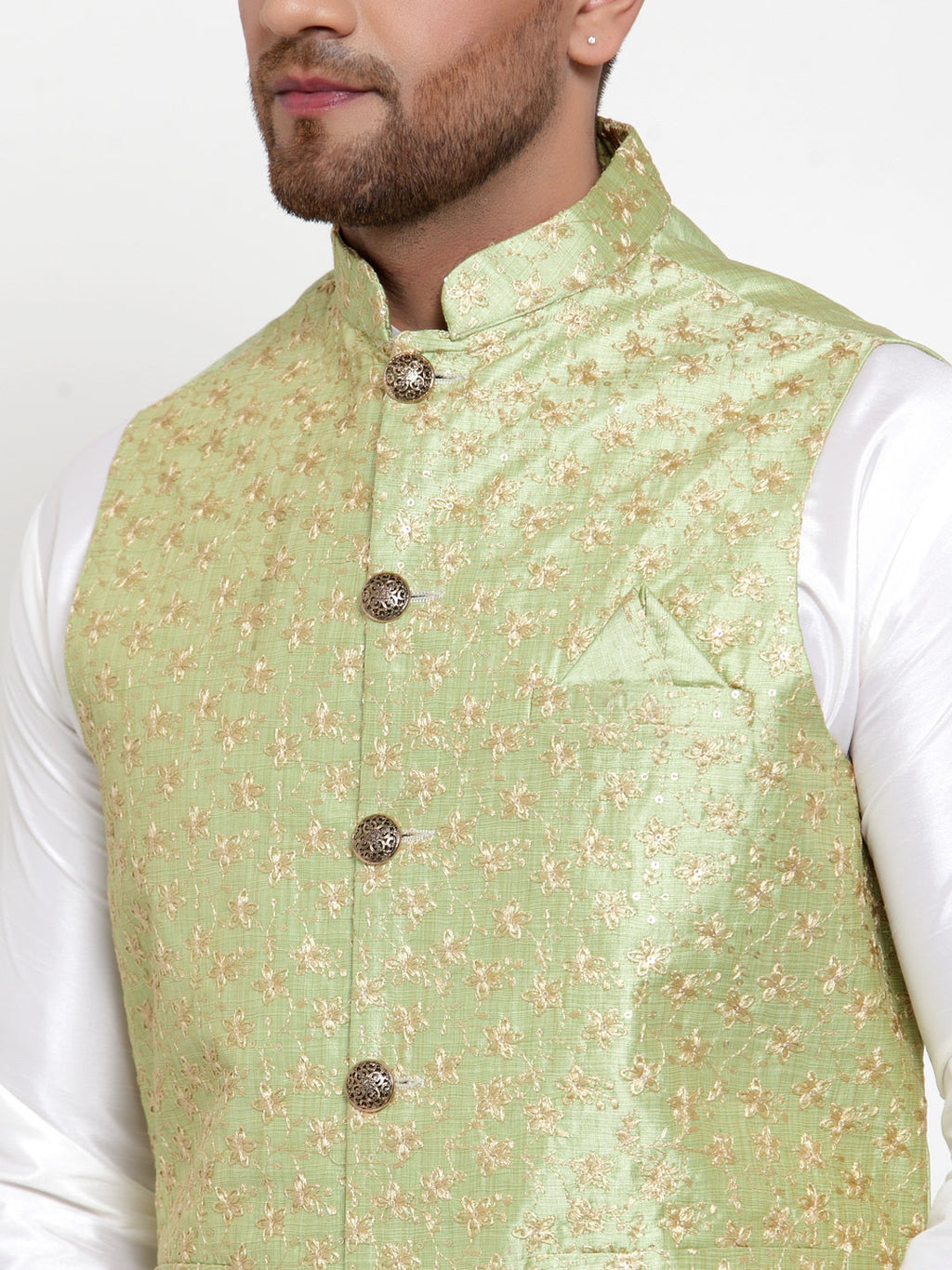 Jompers Men Solid Dupion Kurta Pajama with Embroidered Nehru Jacket (Green) | Grocsy