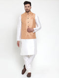 Jompers Men's Solid Dupion Kurta Pajama with Embroidered Nehru Jacket (Peach) | Grocsy