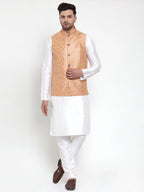 Jompers Men's Solid Dupion Kurta Pajama with Embroidered Nehru Jacket (Peach) | Grocsy