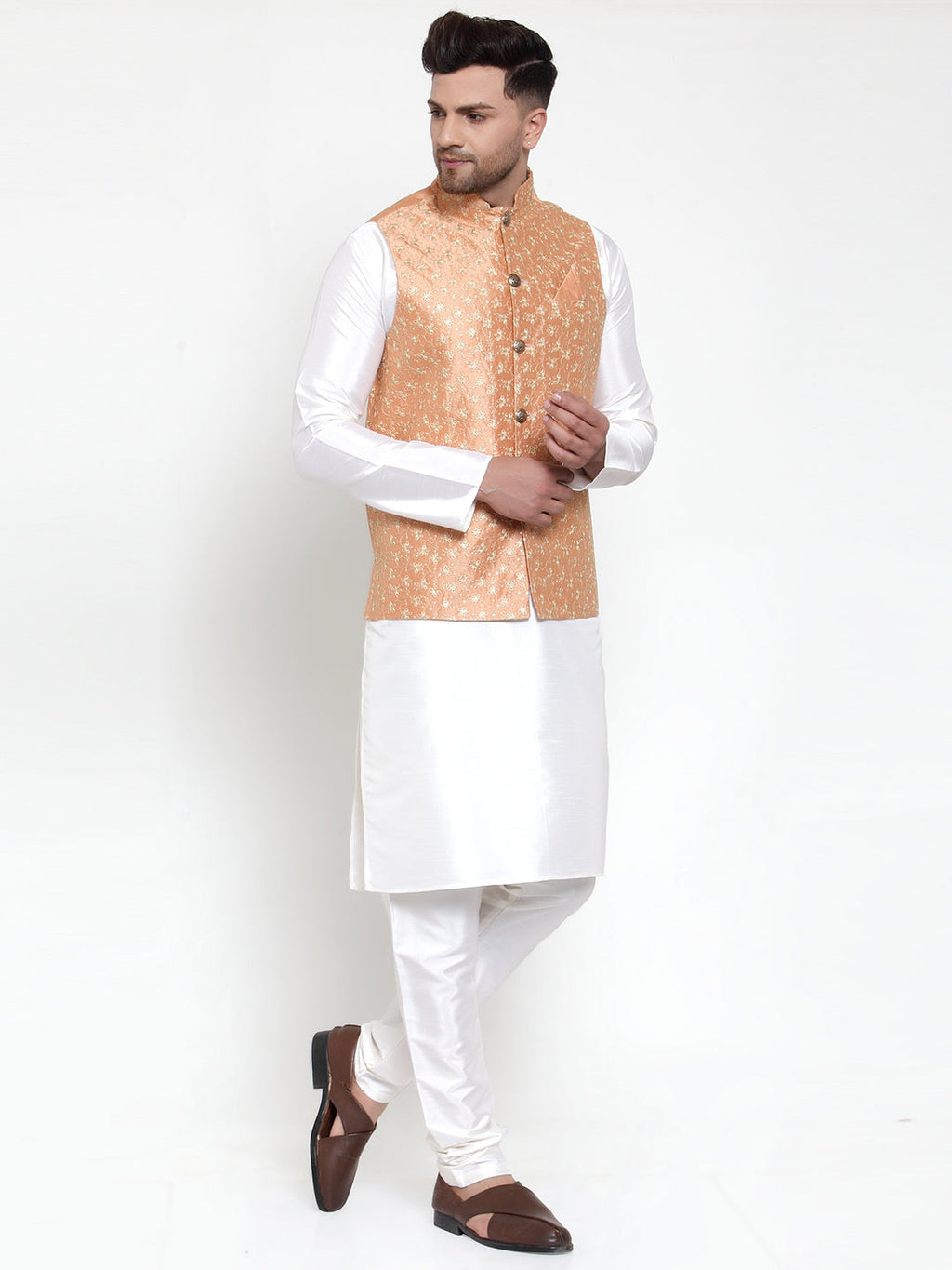 Jompers Men's Solid Dupion Kurta Pajama with Embroidered Nehru Jacket (Peach) | Grocsy