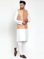 Jompers Men's Solid Dupion Kurta Pajama with Embroidered Nehru Jacket (Peach) | Grocsy