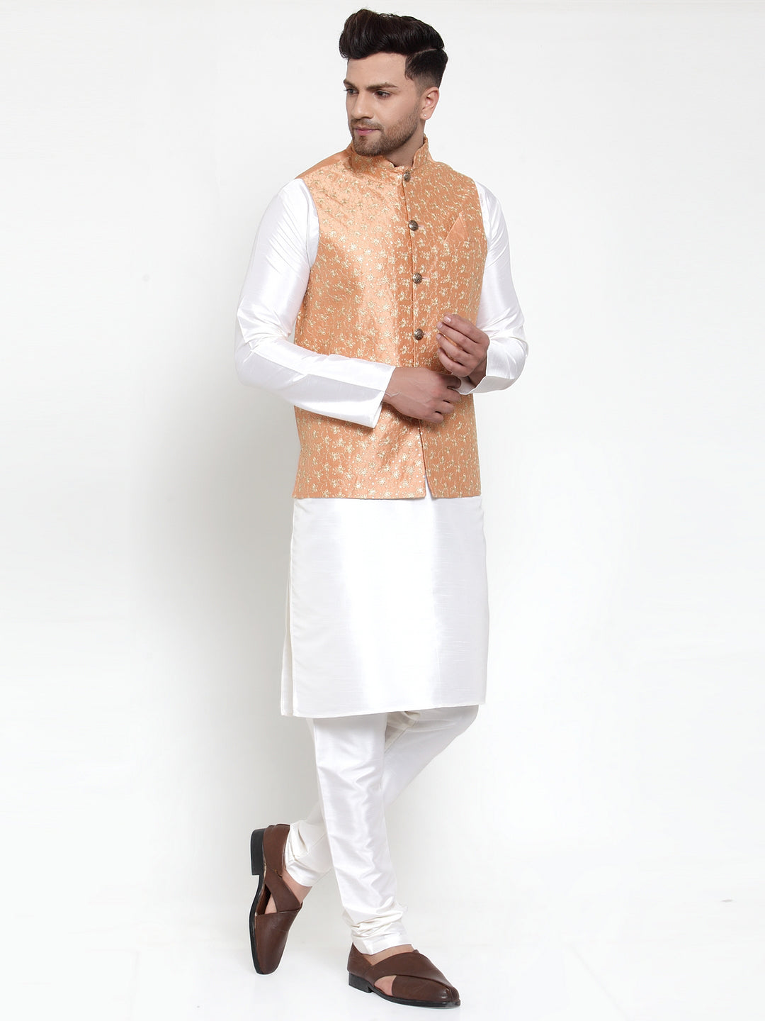 Jompers Men's Solid Dupion Kurta Pajama with Embroidered Nehru Jacket (Peach) | Grocsy