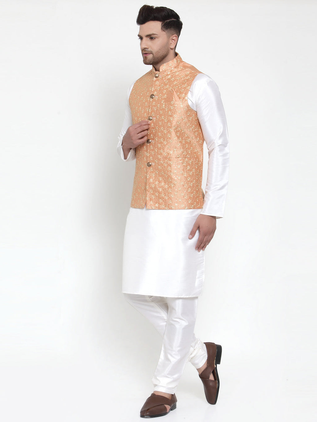 Jompers Men's Solid Dupion Kurta Pajama with Embroidered Nehru Jacket (Peach) | Grocsy