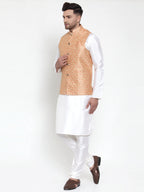 Jompers Men's Solid Dupion Kurta Pajama with Embroidered Nehru Jacket (Peach) | Grocsy