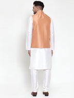 Jompers Men's Solid Dupion Kurta Pajama with Embroidered Nehru Jacket (Peach) | Grocsy