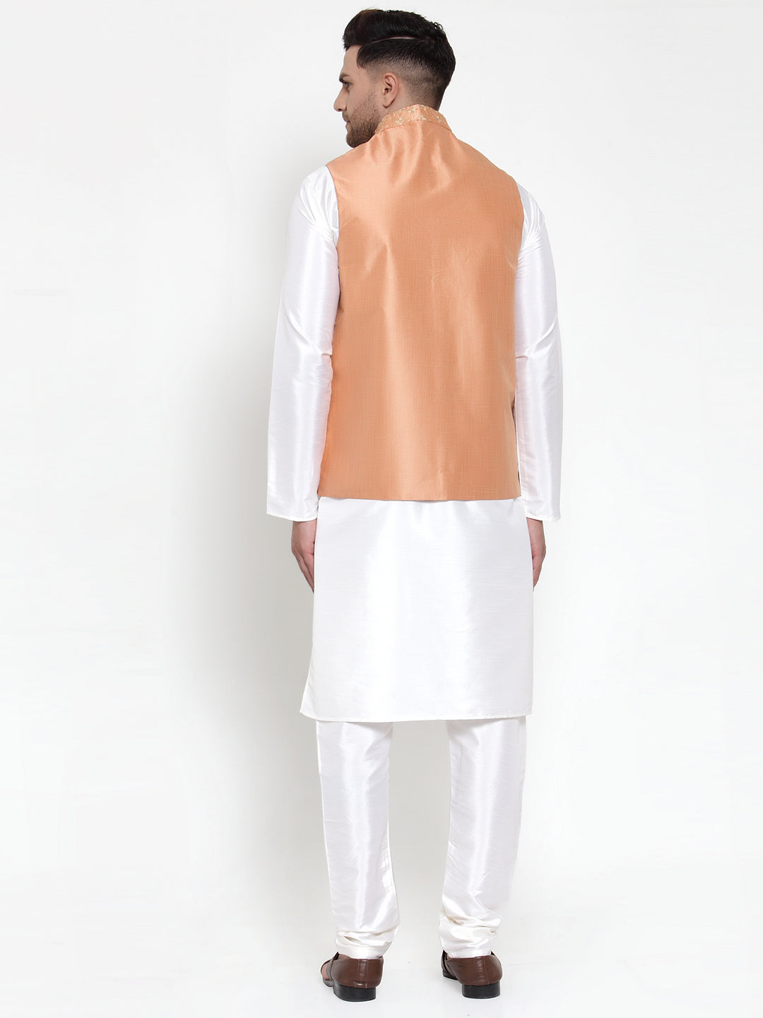 Jompers Men's Solid Dupion Kurta Pajama with Embroidered Nehru Jacket (Peach) | Grocsy