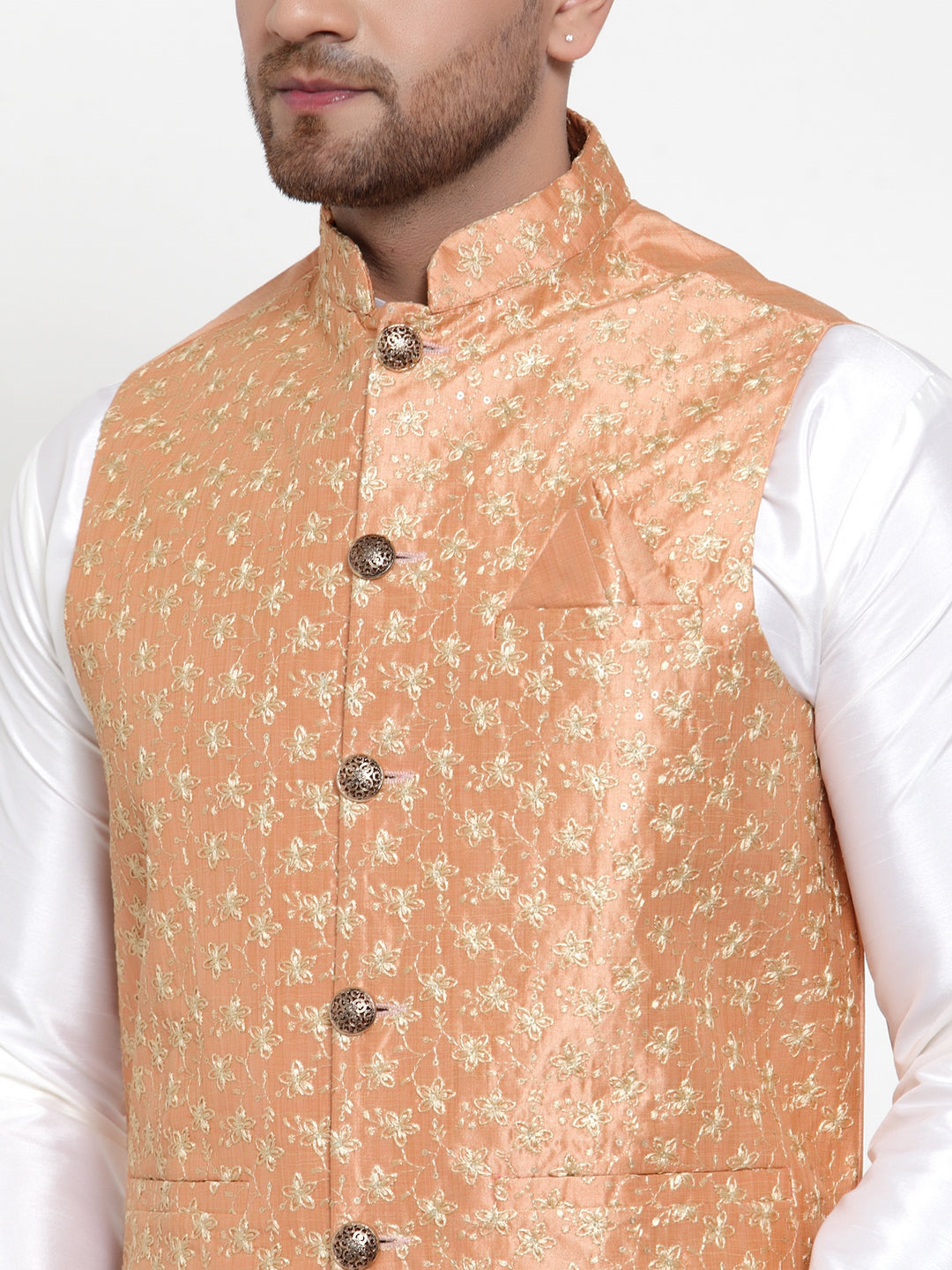 Jompers Men's Solid Dupion Kurta Pajama with Embroidered Nehru Jacket (Peach) | Grocsy