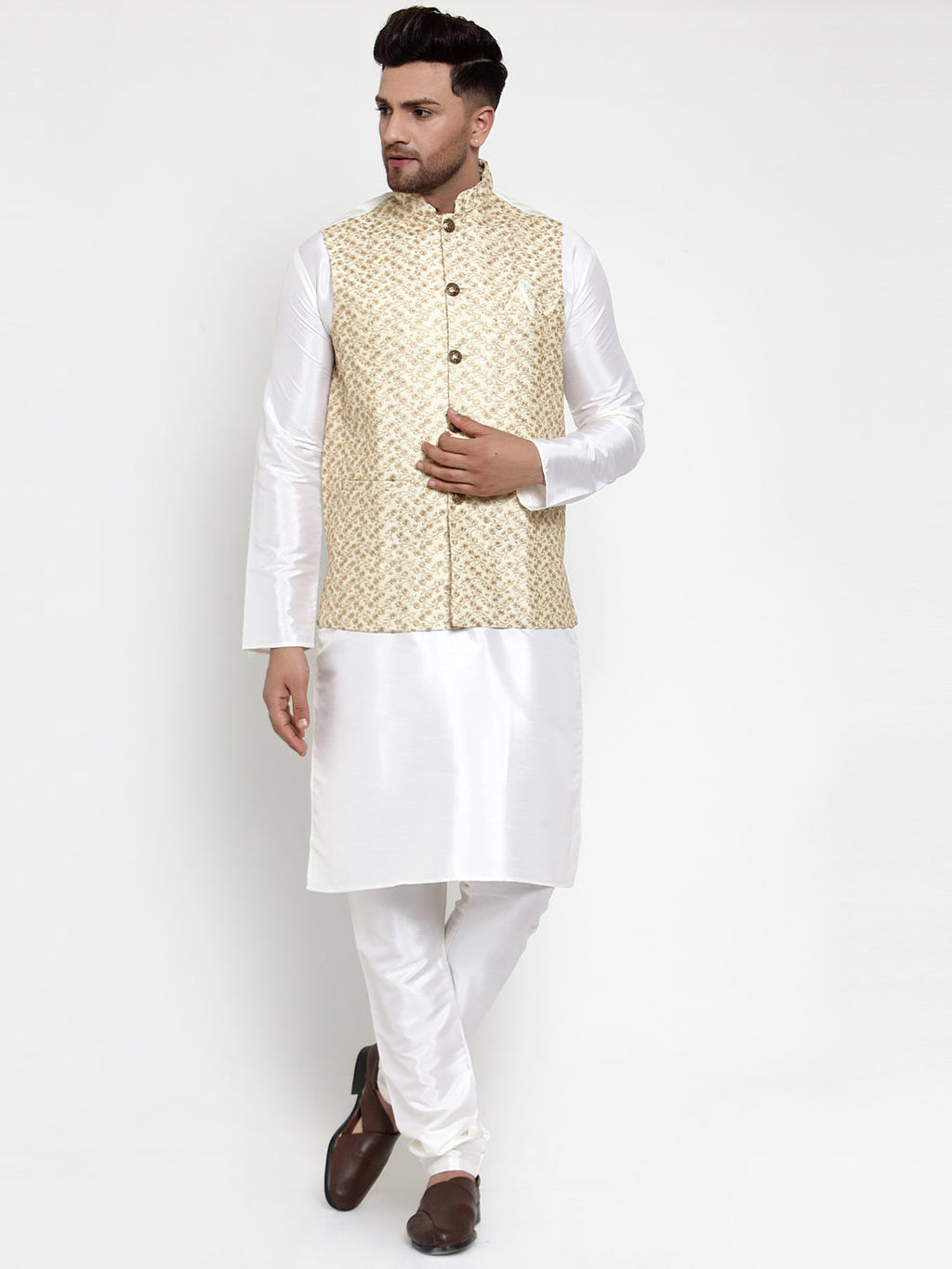 Jompers Men's Solid Dupion Kurta Pajama with Embroidered Nehru Jacket (Cream) | Grocsy