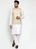 Jompers Men's Solid Dupion Kurta Pajama with Embroidered Nehru Jacket (Cream) | Grocsy