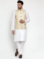 Jompers Men's Solid Dupion Kurta Pajama with Embroidered Nehru Jacket (Cream) | Grocsy