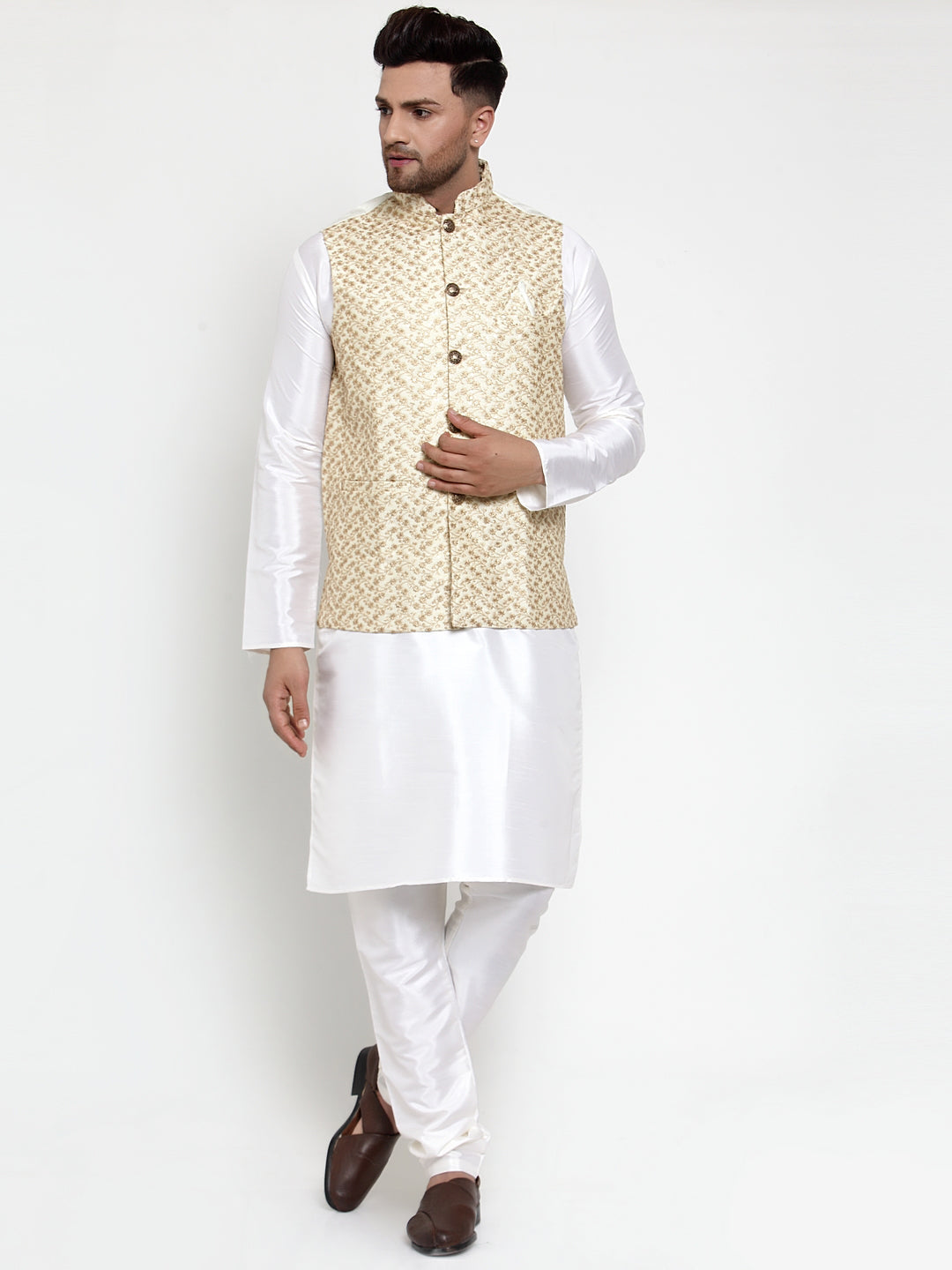Jompers Men's Solid Dupion Kurta Pajama with Embroidered Nehru Jacket (Cream) | Grocsy