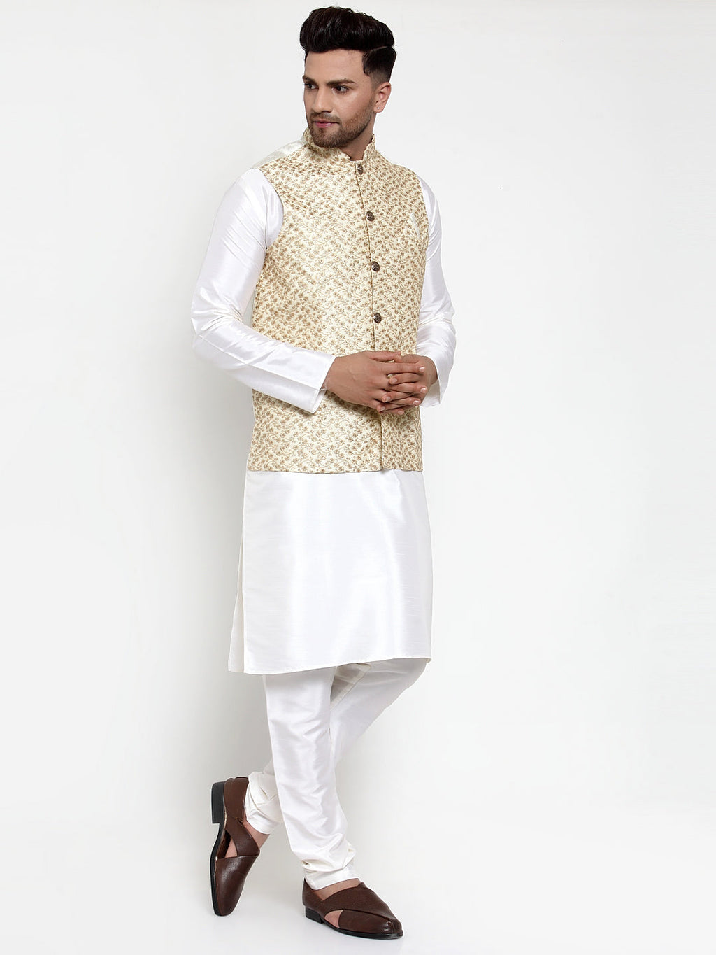 Jompers Men's Solid Dupion Kurta Pajama with Embroidered Nehru Jacket (Cream) | Grocsy