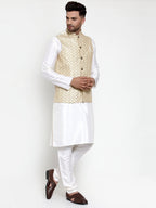 Jompers Men's Solid Dupion Kurta Pajama with Embroidered Nehru Jacket (Cream) | Grocsy