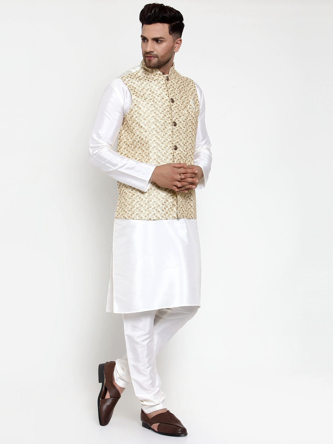 Jompers Men's Solid Dupion Kurta Pajama with Embroidered Nehru Jacket (Cream) | Grocsy