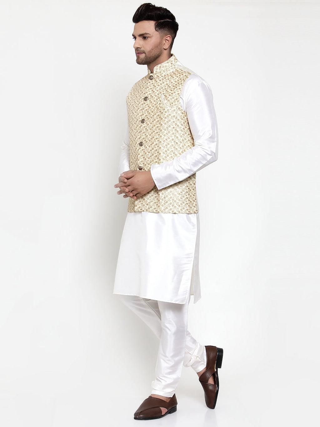 Jompers Men's Solid Dupion Kurta Pajama with Embroidered Nehru Jacket (Cream) | Grocsy