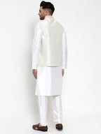 Jompers Men's Solid Dupion Kurta Pajama with Embroidered Nehru Jacket (Cream) | Grocsy