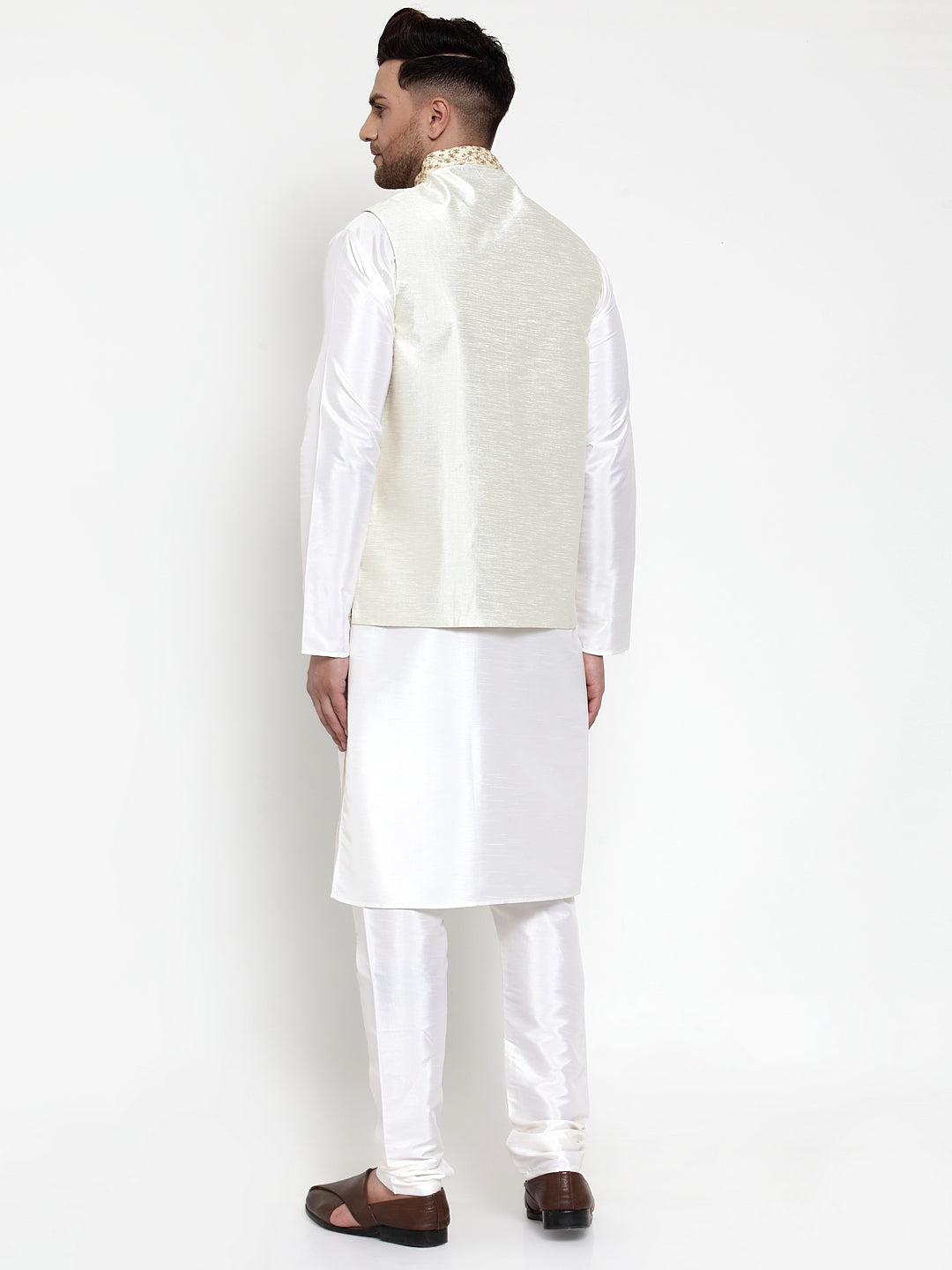 Jompers Men's Solid Dupion Kurta Pajama with Embroidered Nehru Jacket (Cream) | Grocsy