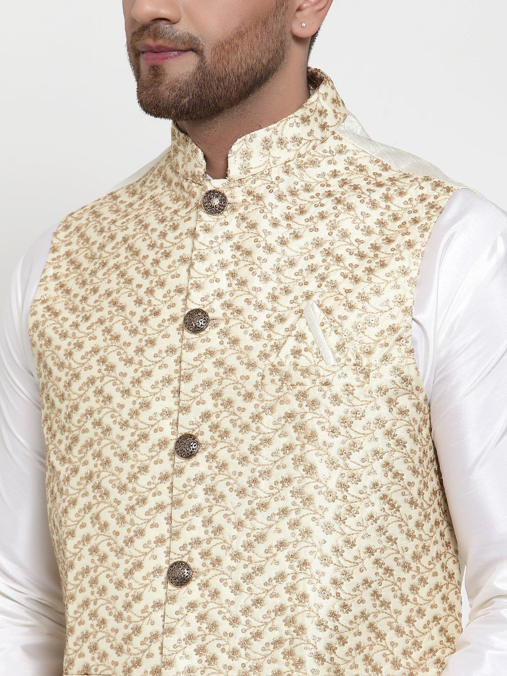 Jompers Men's Solid Dupion Kurta Pajama with Embroidered Nehru Jacket (Cream) | Grocsy