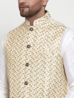 Jompers Men's Solid Dupion Kurta Pajama with Embroidered Nehru Jacket (Cream) | Grocsy
