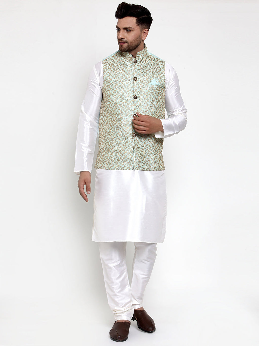 Jompers Men's Solid Dupion Kurta Pajama with Embroidered Nehru Jacket Sky | Grocsy