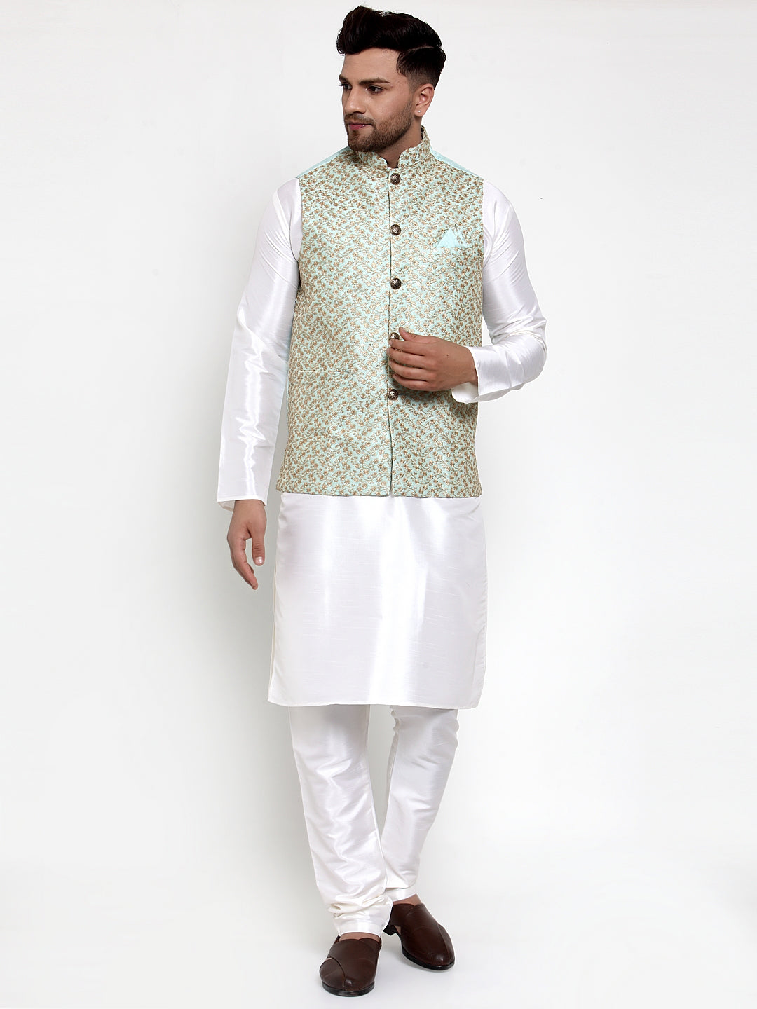Jompers Men's Solid Dupion Kurta Pajama with Embroidered Nehru Jacket Sky | Grocsy