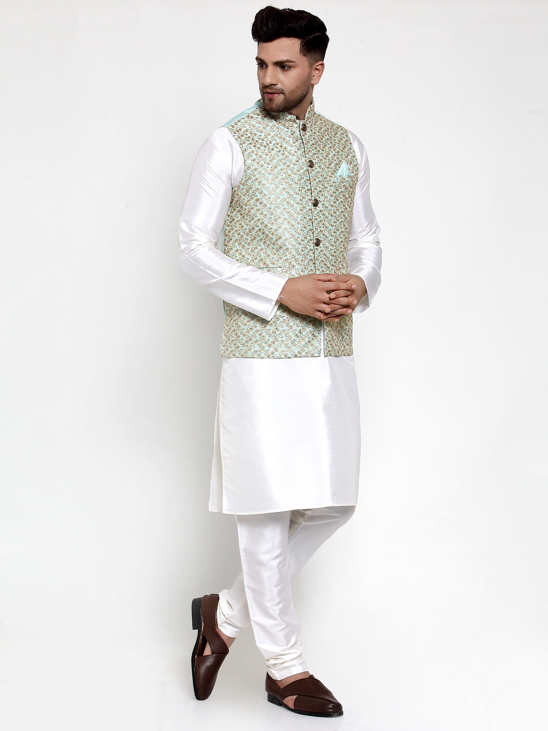 Jompers Men's Solid Dupion Kurta Pajama with Embroidered Nehru Jacket Sky | Grocsy